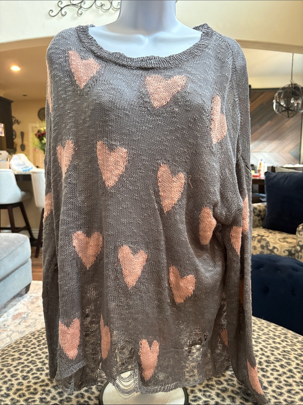 MACARON Gray Knit Sweater with Peach Hearts